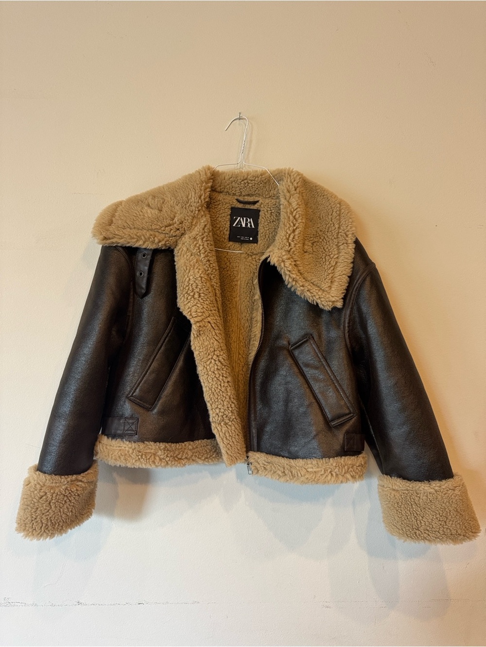 ZARA Dark Brown Leather Jacket with Tan Faux-Sherpa Collar